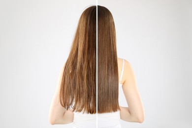 Image of Hair combing, straightening. Woman showing hairstyle before and after different procedures on white background, back view. Photo divided in halves