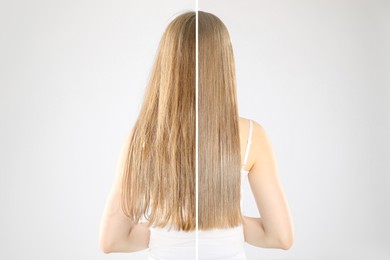 Image of Hair combing, straightening. Woman showing hairstyle before and after different procedures on white background, back view. Photo divided in halves
