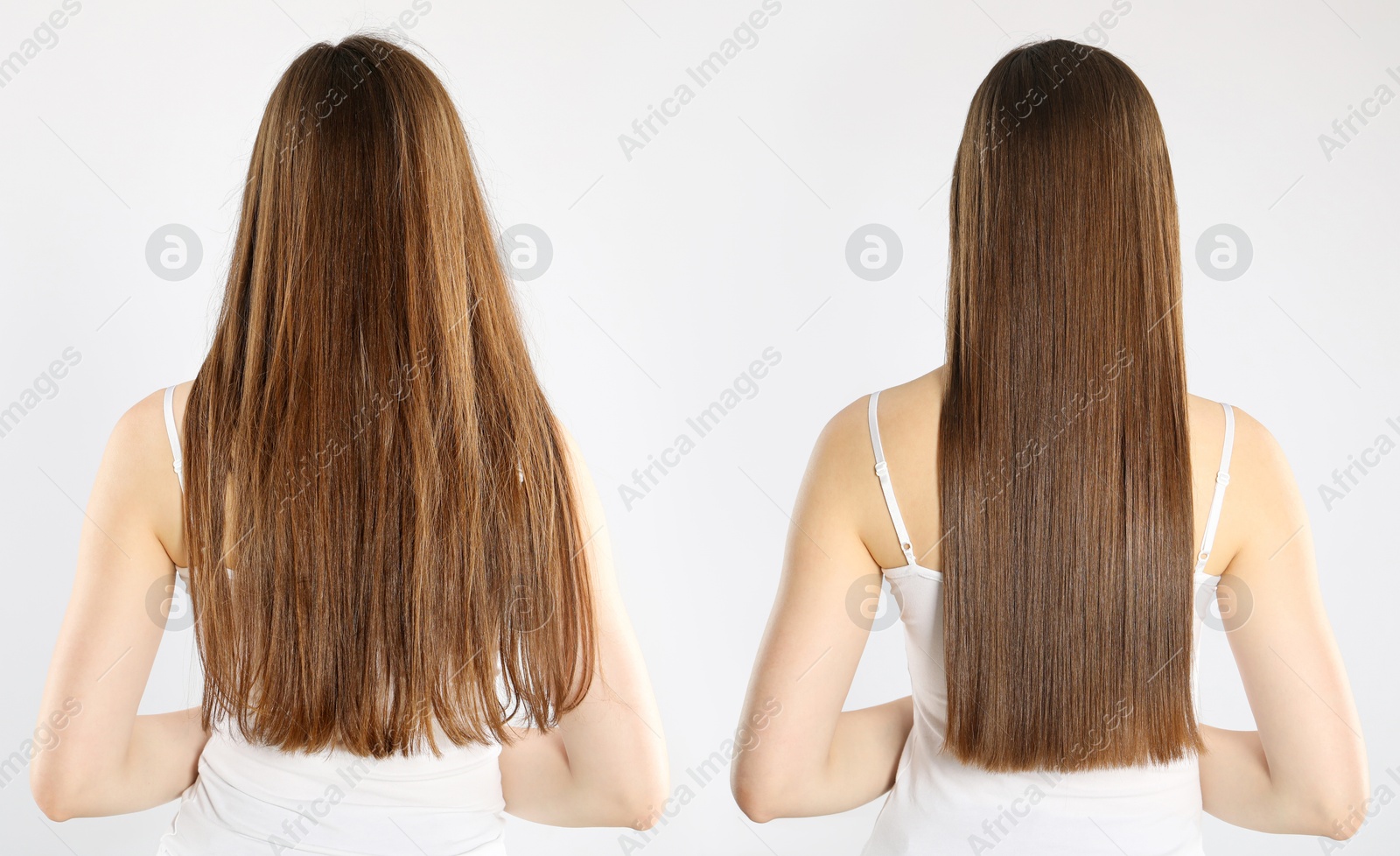 Hair combing, straightening. Woman showing hairstyle before and after different procedures on white background, back view. Collage of photos Image of Hair combing, straightening. Woman showing hairstyle before and after different procedures on white background, back view. Collage of photos