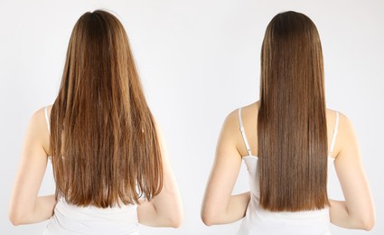 Image of Hair combing, straightening. Woman showing hairstyle before and after different procedures on white background, back view. Collage of photos