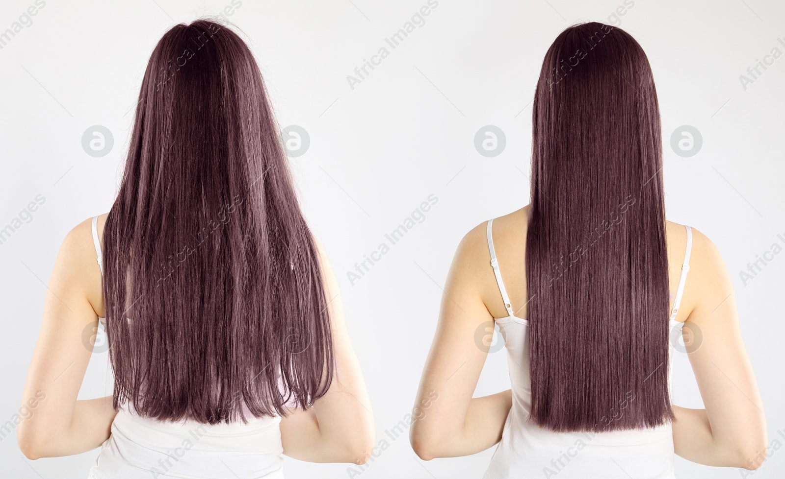 Image of Hair combing, straightening. Woman showing hairstyle before and after different procedures on white background, back view. Collage of photos