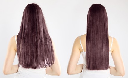 Image of Hair combing, straightening. Woman showing hairstyle before and after different procedures on white background, back view. Collage of photos