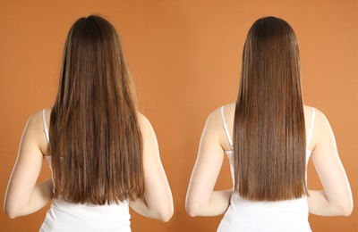 Image of Hair combing, straightening. Woman showing hairstyle before and after different procedures on brown background, back view. Collage of photos