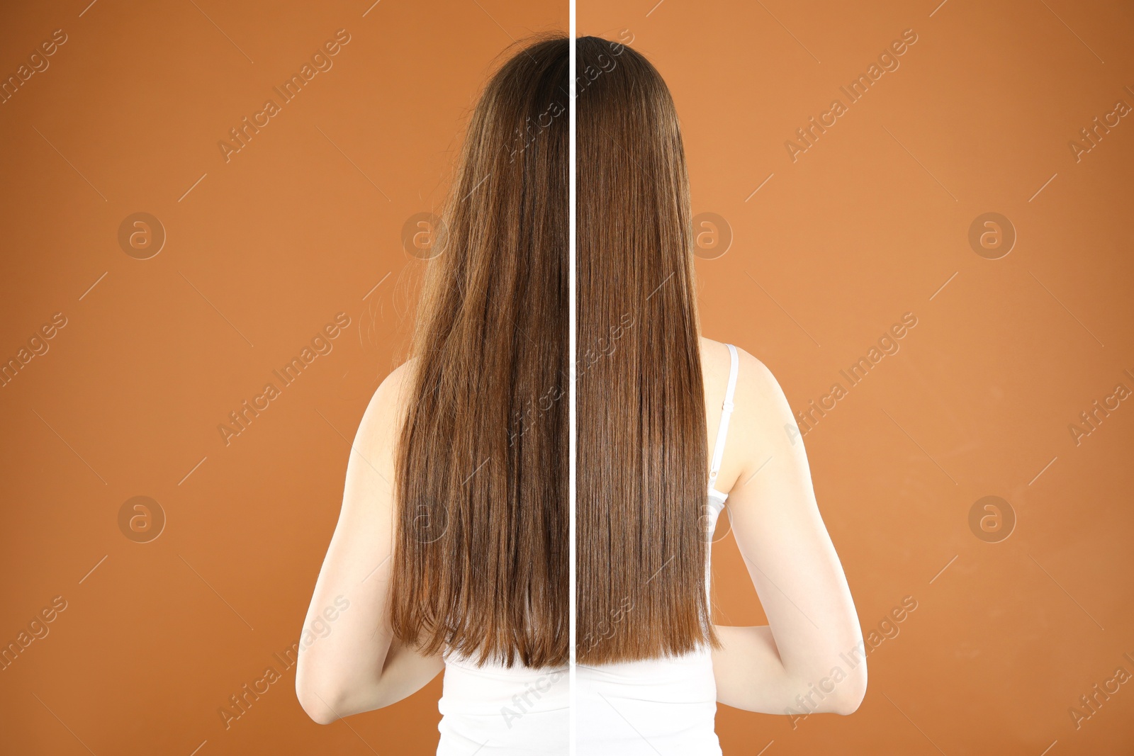 Image of Hair combing, straightening. Woman showing hairstyle before and after different procedures on brown background, back view. Photo divided in halves