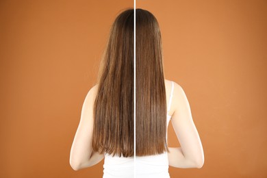 Image of Hair combing, straightening. Woman showing hairstyle before and after different procedures on brown background, back view. Photo divided in halves