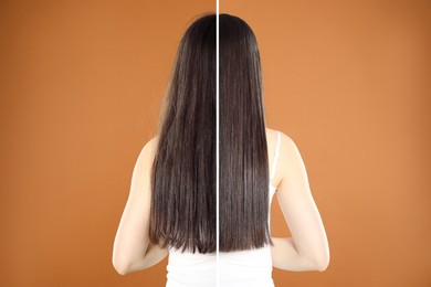 Image of Hair combing, straightening. Woman showing hairstyle before and after different procedures on brown background, back view. Photo divided in halves