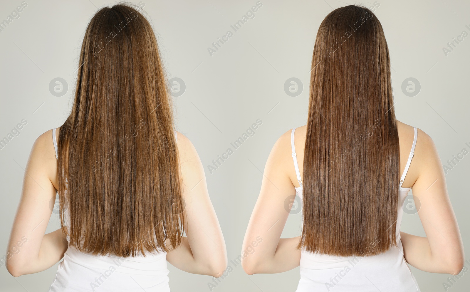 Image of Hair combing, straightening. Woman showing hairstyle before and after different procedures on grey background, back view. Collage of photos
