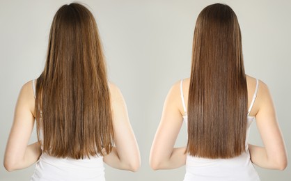 Image of Hair combing, straightening. Woman showing hairstyle before and after different procedures on grey background, back view. Collage of photos