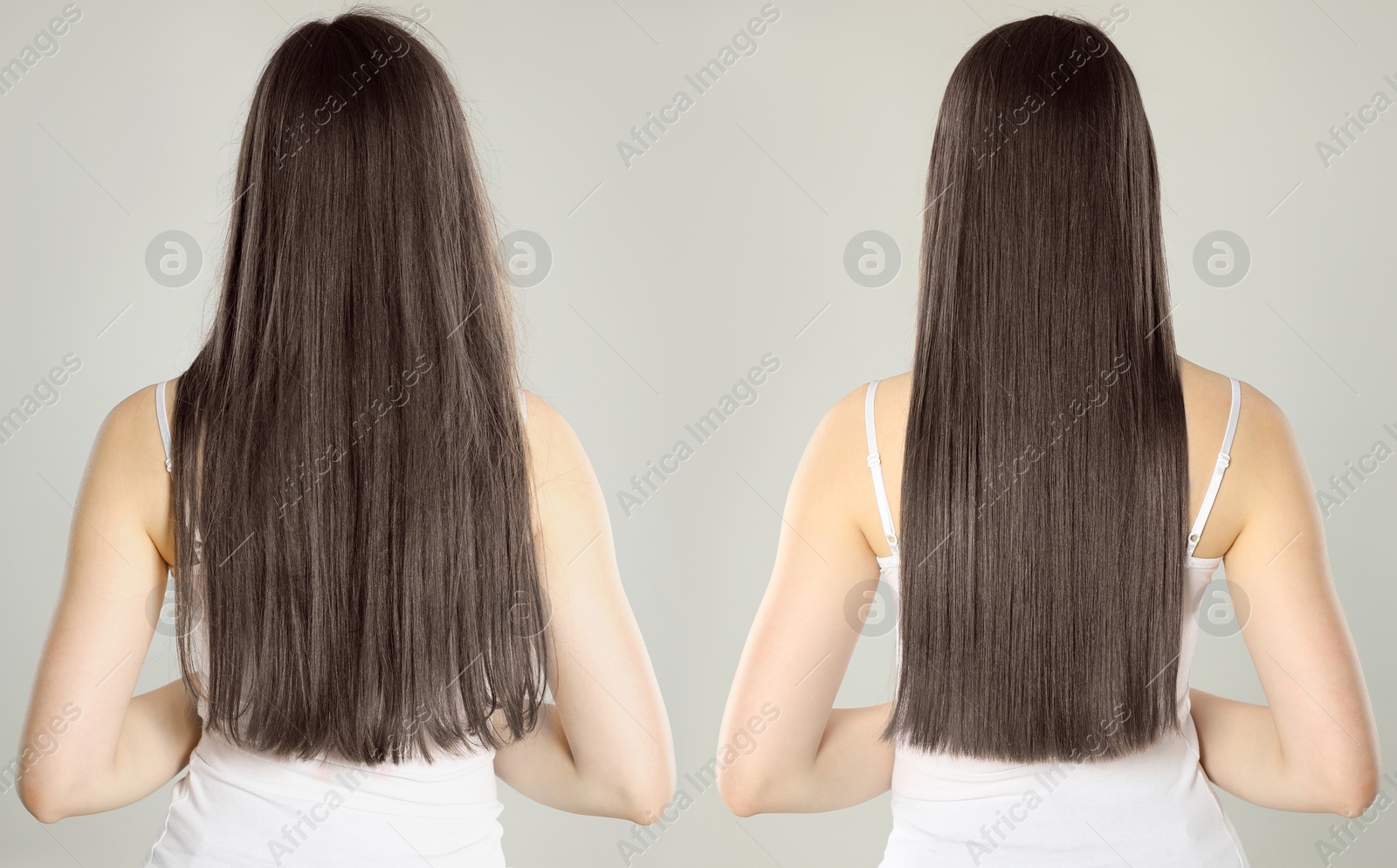 Hair combing, straightening. Woman showing hairstyle before and after different procedures on grey background, back view. Collage of photos Image of Hair combing, straightening. Woman showing hairstyle before and after different procedures on grey background, back view. Collage of photos