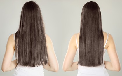 Image of Hair combing, straightening. Woman showing hairstyle before and after different procedures on grey background, back view. Collage of photos