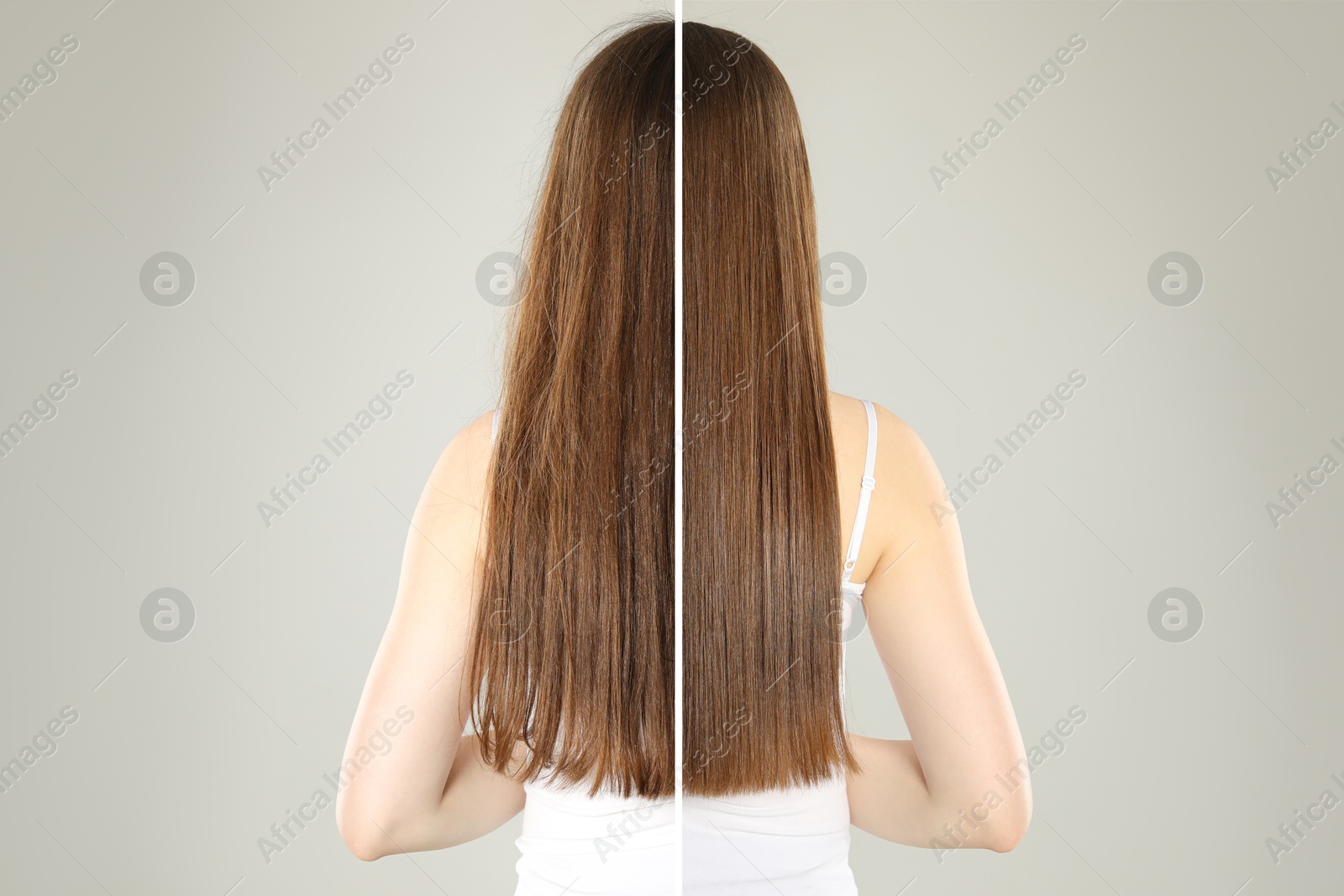 Image of Hair combing, straightening. Woman showing hairstyle before and after different procedures on grey background, back view. Photo divided in halves