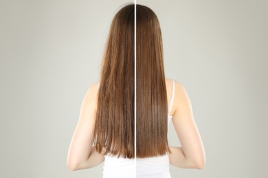 Image of Hair combing, straightening. Woman showing hairstyle before and after different procedures on grey background, back view. Photo divided in halves