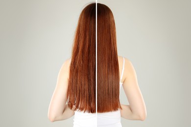 Image of Hair combing, straightening. Woman showing hairstyle before and after different procedures on grey background, back view. Photo divided in halves
