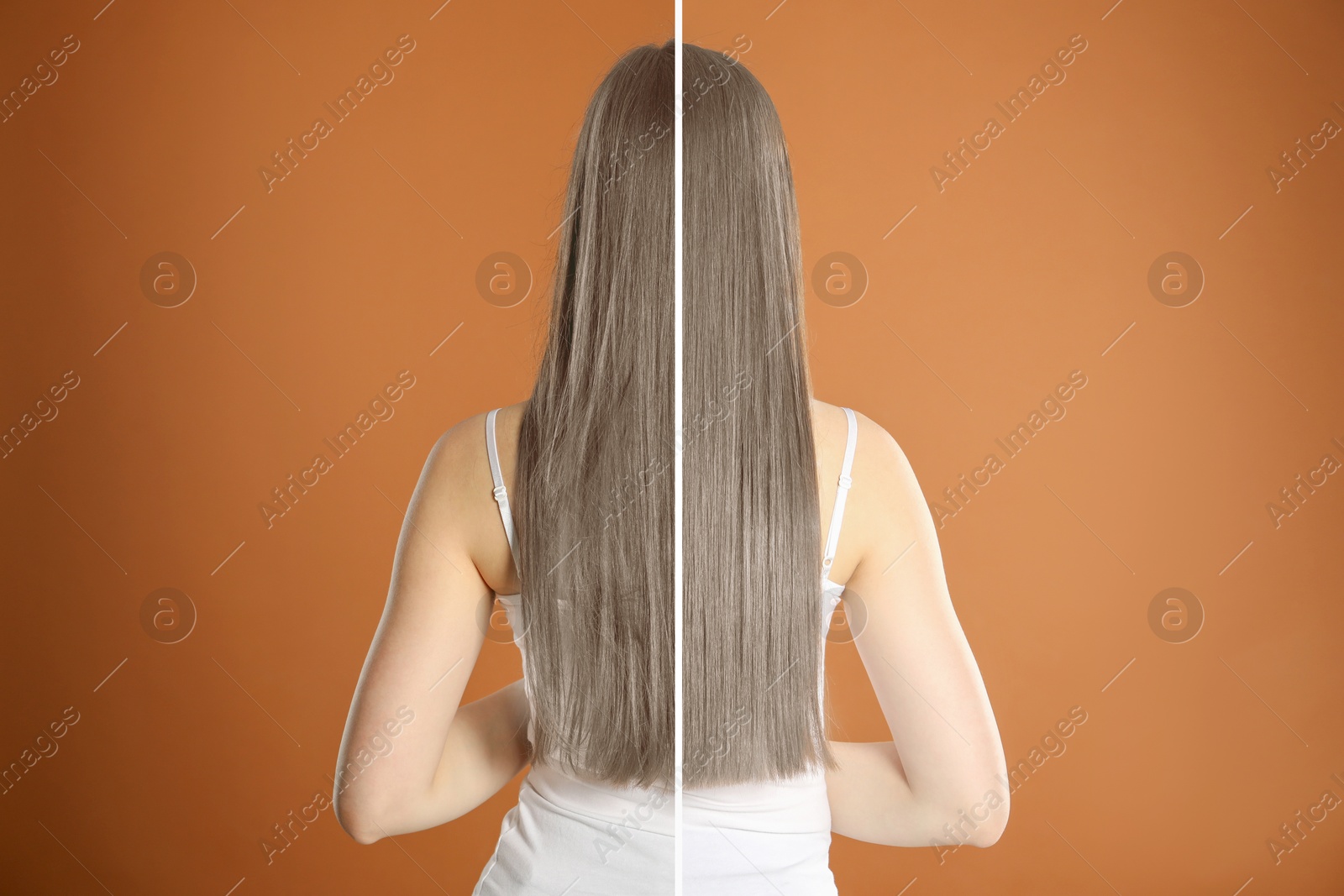 Image of Hair combing, straightening. Woman showing hairstyle before and after different procedures on brown background, back view. Photo divided in halves