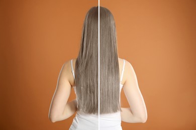 Image of Hair combing, straightening. Woman showing hairstyle before and after different procedures on brown background, back view. Photo divided in halves