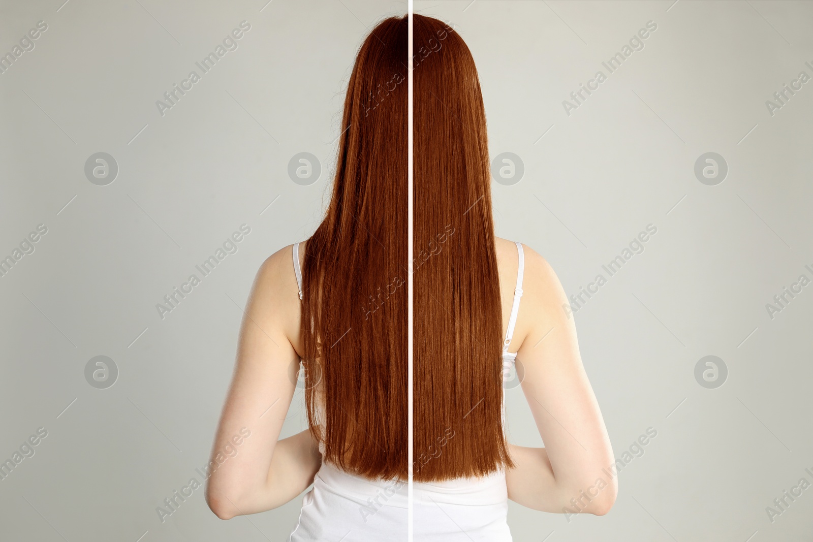 Image of Hair combing, straightening. Woman showing hairstyle before and after different procedures on grey background, back view. Photo divided in halves