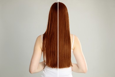 Image of Hair combing, straightening. Woman showing hairstyle before and after different procedures on grey background, back view. Photo divided in halves
