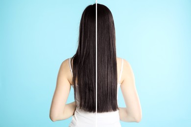 Image of Hair combing, straightening. Woman showing hairstyle before and after different procedures on light blue background, back view. Photo divided in halves