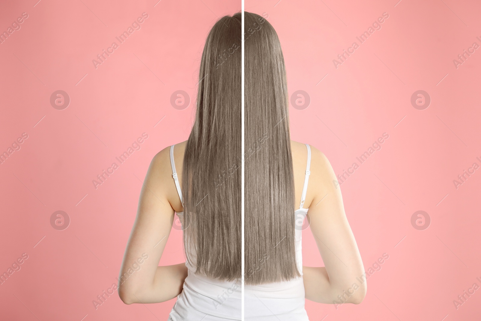 Image of Hair combing, straightening. Woman showing hairstyle before and after different procedures on pink background, back view. Photo divided in halves
