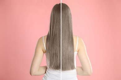 Image of Hair combing, straightening. Woman showing hairstyle before and after different procedures on pink background, back view. Photo divided in halves