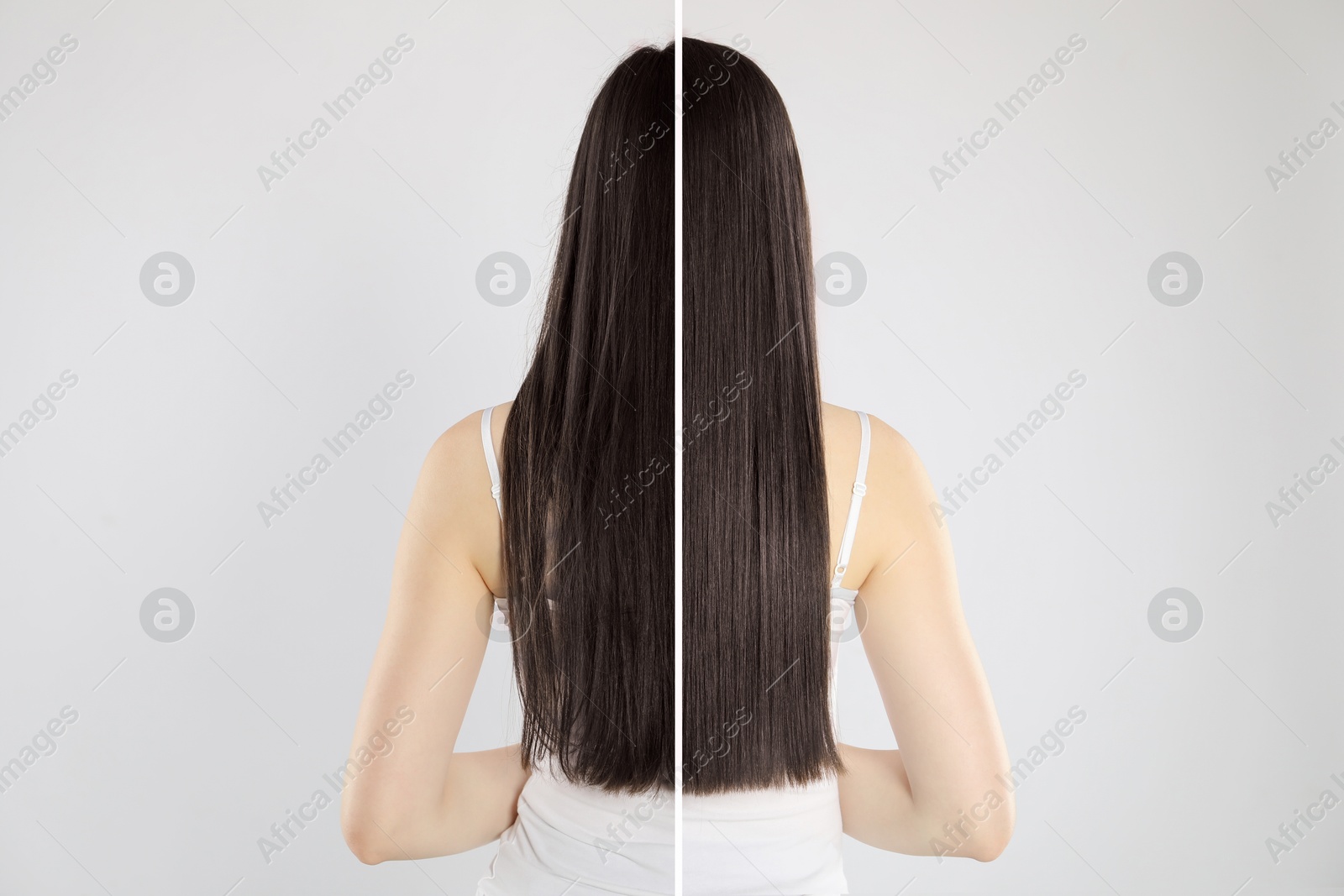 Hair combing, straightening. Woman showing hairstyle before and after different procedures on grey background, back view. Photo divided in halves Image of Hair combing, straightening. Woman showing hairstyle before and after different procedures on grey background, back view. Photo divided in halves