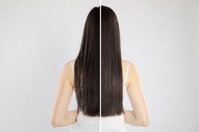 Image of Hair combing, straightening. Woman showing hairstyle before and after different procedures on grey background, back view. Photo divided in halves