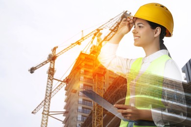Image of Engineer with clipboard and unfinished building, double exposure