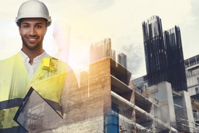 Image of Engineer with clipboard and unfinished buildings, multiple exposure