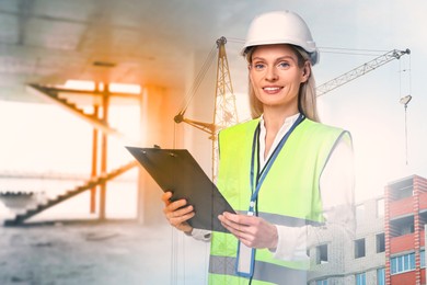 Image of Engineer with clipboard and unfinished buildings, multiple exposure