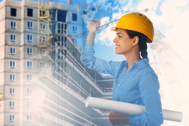 Image of Engineer with draft and unfinished buildings, multiple exposure