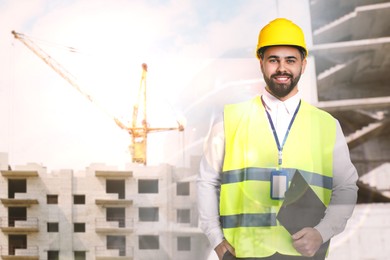 Image of Engineer with clipboard and unfinished buildings, multiple exposure