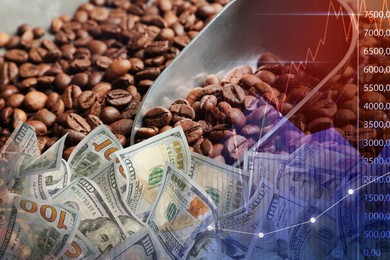 Image of Coffee price rising. Dollars, roasted coffee beans and graph. Double exposure