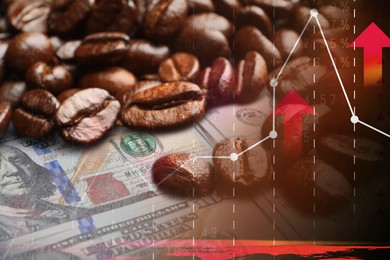 Image of Coffee price rising. Dollars, roasted coffee beans and graph. Double exposure