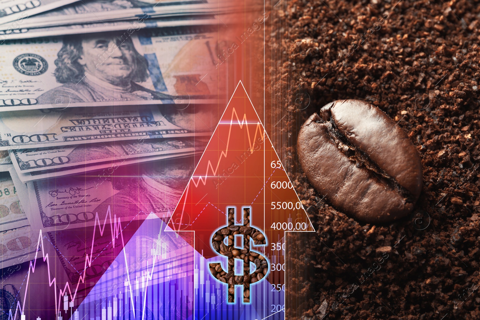 Coffee price rising. Dollars, coffee grounds and graph with currency symbol. Double exposure Image of Coffee price rising. Dollars, coffee grounds and graph with currency symbol. Double exposure