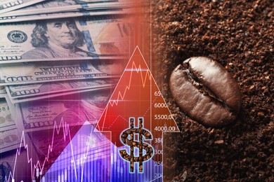 Image of Coffee price rising. Dollars, coffee grounds and graph with currency symbol. Double exposure