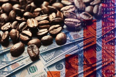 Image of Coffee price rising. Dollars, roasted coffee beans and stock data. Double exposure