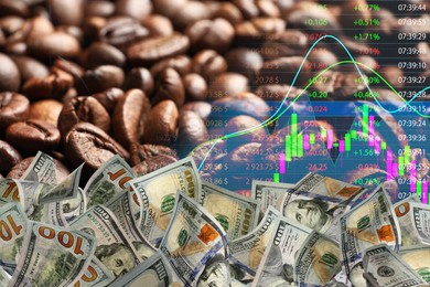 Image of Coffee price rising. Dollars, roasted coffee beans, graph and stock data. Double exposure