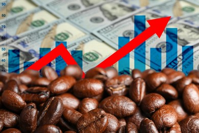 Image of Coffee price rising. Dollars, roasted coffee beans, graph and arrow. Double exposure