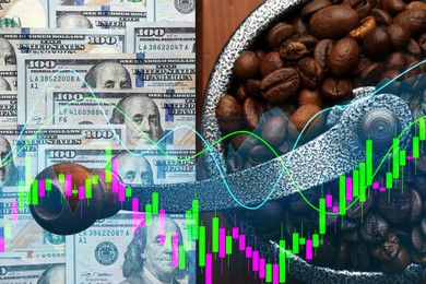 Image of Coffee price rising. Dollars, roasted coffee beans in grinder, and graph. Double exposure