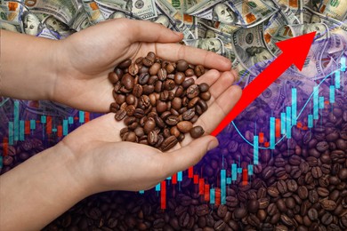 Image of Coffee price rising. Woman holding roasted coffee beans, dollars and graph. Double exposure