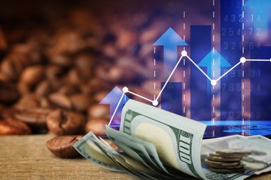Image of Coffee price rising. Dollars, roasted coffee beans, graph and stock data. Double exposure