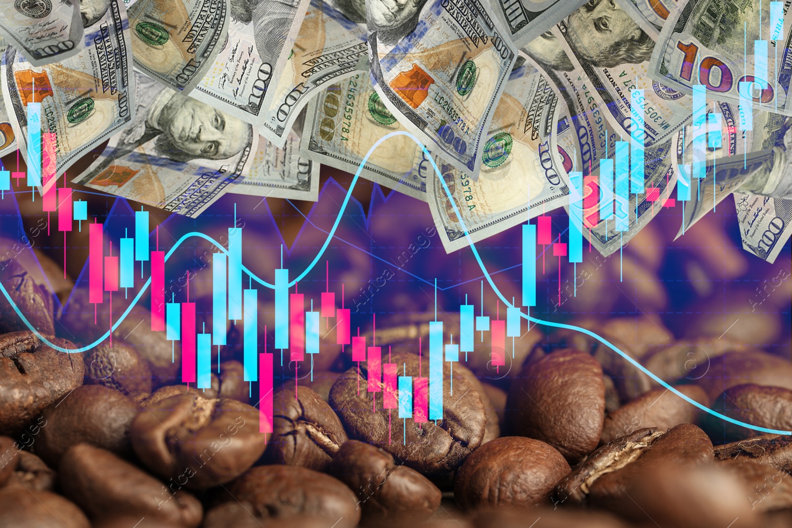 Coffee price rising. Dollars, roasted coffee beans and graph. Double exposure Image of Coffee price rising. Dollars, roasted coffee beans and graph. Double exposure