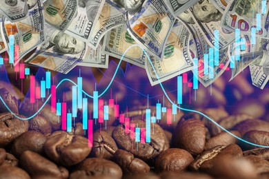 Image of Coffee price rising. Dollars, roasted coffee beans and graph. Double exposure