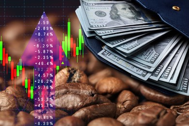 Image of Coffee price rising. Dollars in wallet, roasted coffee beans, graph and stock data. Double exposure