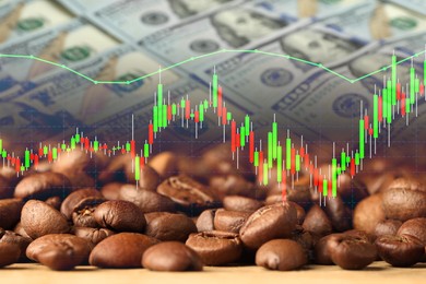 Image of Coffee price rising. Dollars, roasted coffee beans and graph. Double exposure