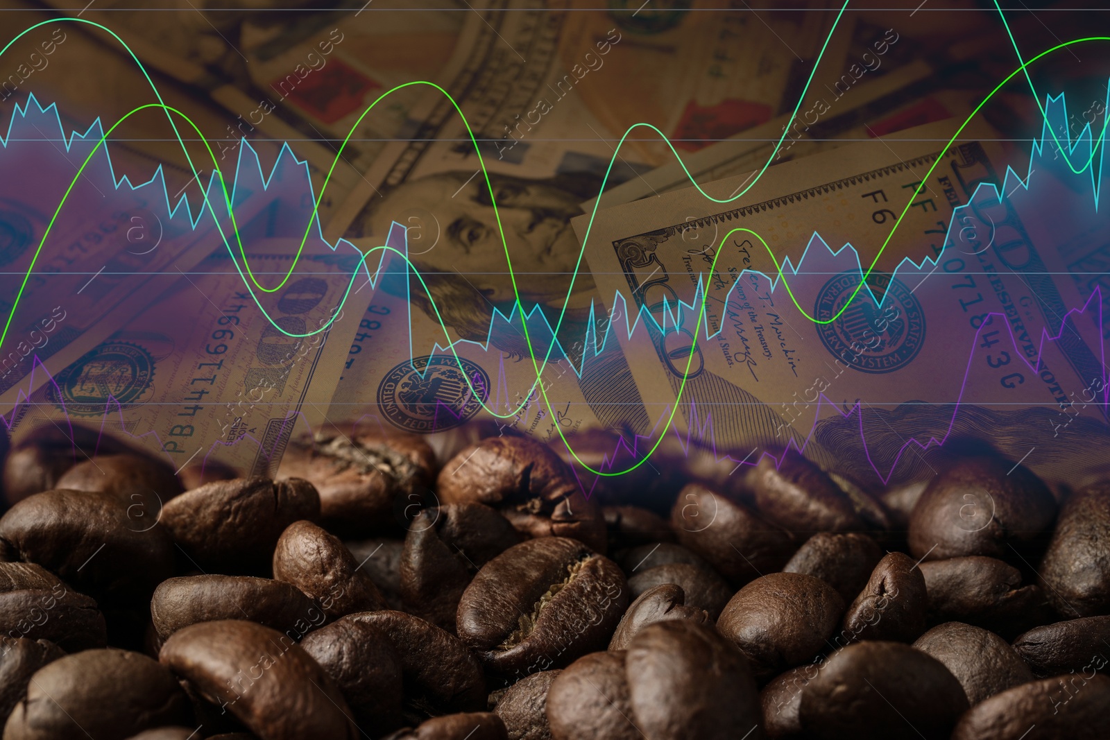 Image of Coffee price rising. Dollars, roasted coffee beans and graph. Double exposure