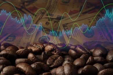 Image of Coffee price rising. Dollars, roasted coffee beans and graph. Double exposure