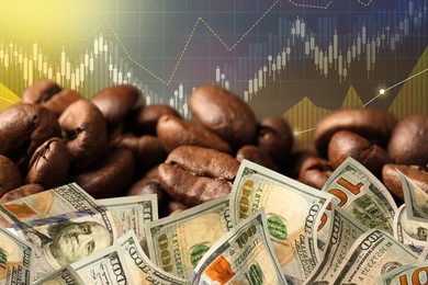 Image of Coffee price rising. Dollars, roasted coffee beans and graph. Double exposure