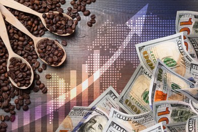 Image of Coffee price rising. Dollars, roasted coffee beans, graph and world map. Double exposure