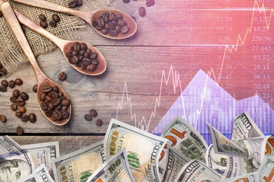 Image of Coffee price rising. Dollars, roasted coffee beans, graph and stock data. Double exposure